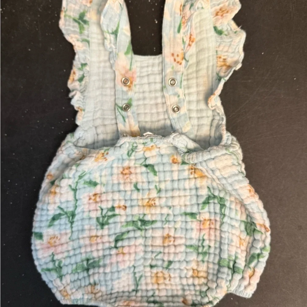 Angel Dear Blue/Ivory Magnolias Cotton Gauze Sunsuit-6-12 Month